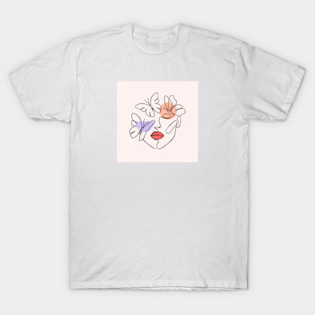 Woman face with geometric shapes and butterflies T-Shirt by WarmJuly